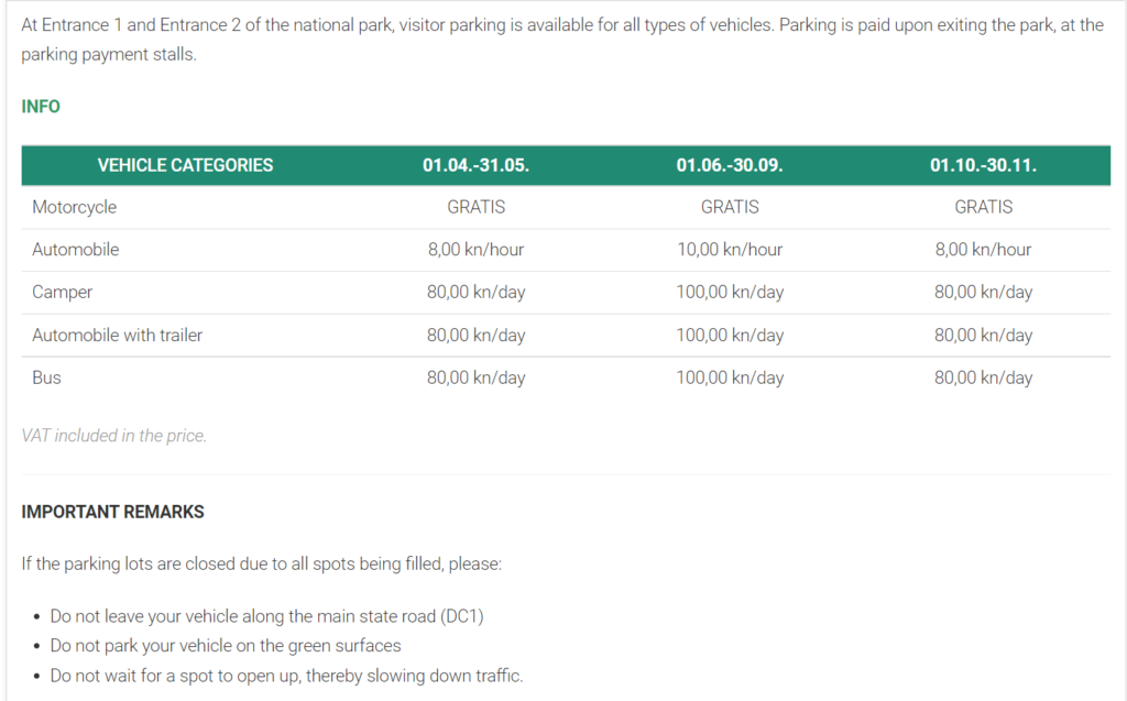 cennik parking Plitwickie Jeziora